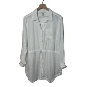 LL Bean Linen Drawstring Shirt Tunic White Size L Button Up Vacation‎ Resortwear